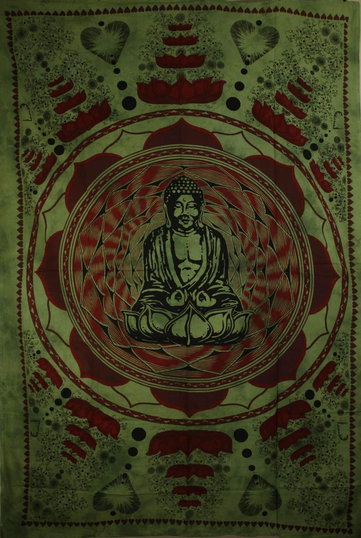 Green Buddha In Dharma Chakra Mudra On A Lotus Flower Tapestry