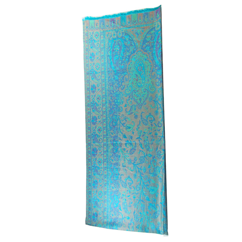 Turquoise Reversible Faux Pashmina Fabric Silk Rayon Blend Floral Theme Background Design Scarf Shawl | wildlotusbrand.com