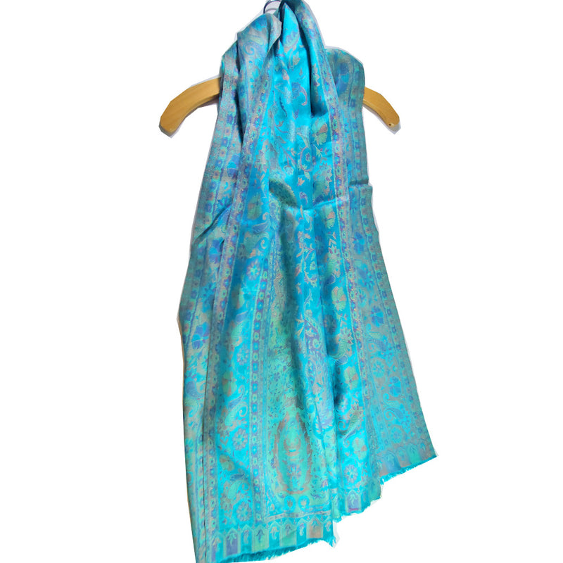 Turquoise Reversible Faux Pashmina Fabric Silk Rayon Blend Floral Theme Background Design Scarf Shawl