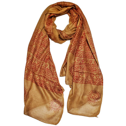 Brown Primordial Om & Asian Symbols Printed Scarf