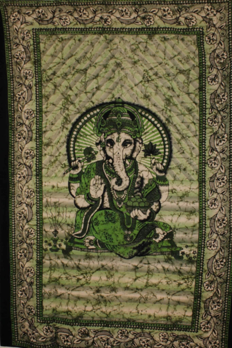 Green Ganesha Holding Lotus Flower In Batik Style Tie Dye Tapestry
