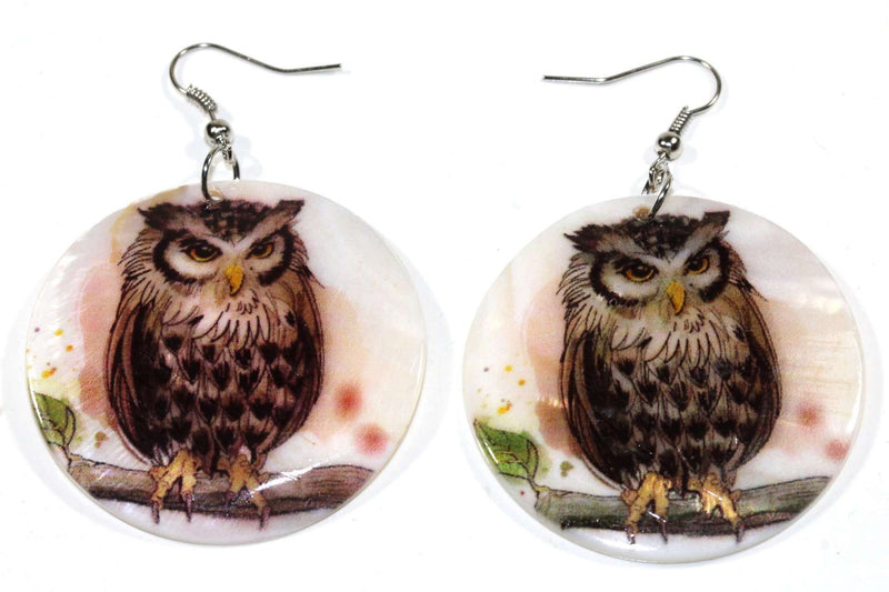 White Perched Wise Owl Mother of Pearl Earrings