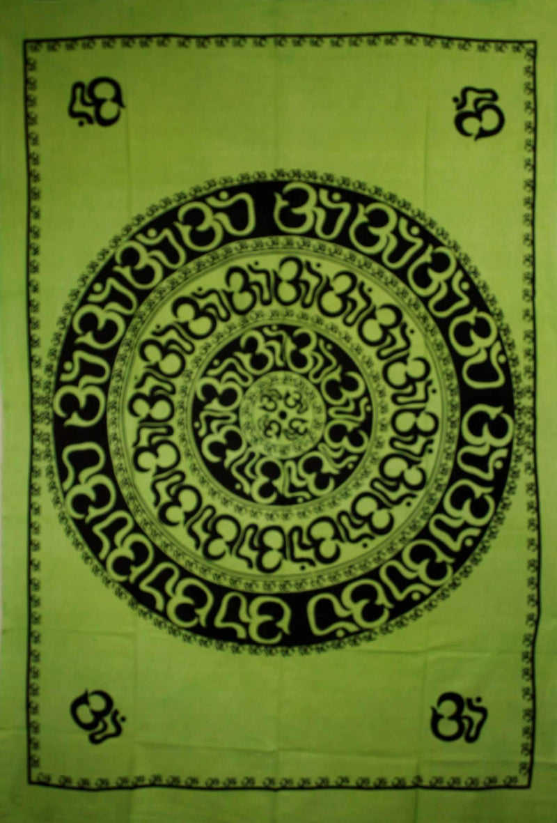 Green Om Shanti Mandala Art Handloom Style Tapestry