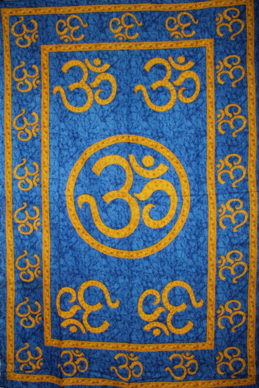 Blue Om Shanti in Batik Style Tapestry