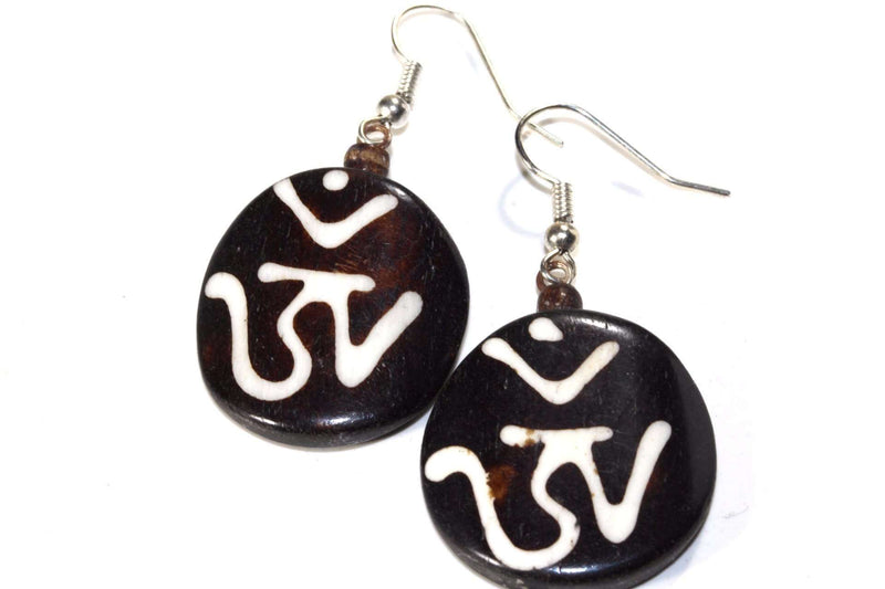 Sanskrit Om Spiritual Symbols Tribal Bone & Horn Earrings