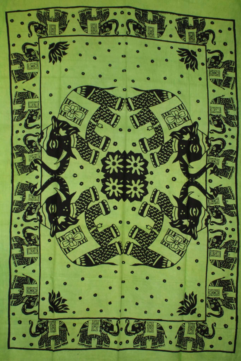 Green Trunk Up Good Luck Mirrored Elephants Tapestry