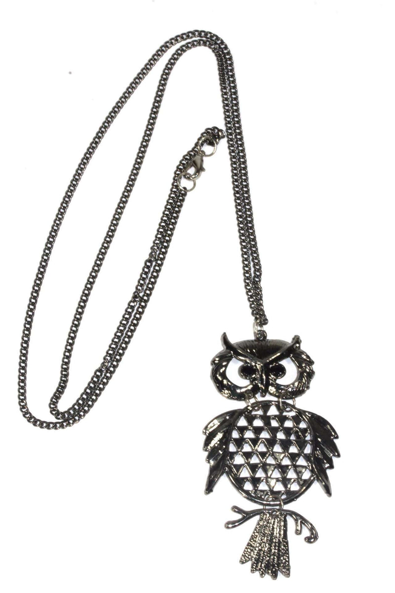 Hematite Tone Wide Eyed Owl Necklace