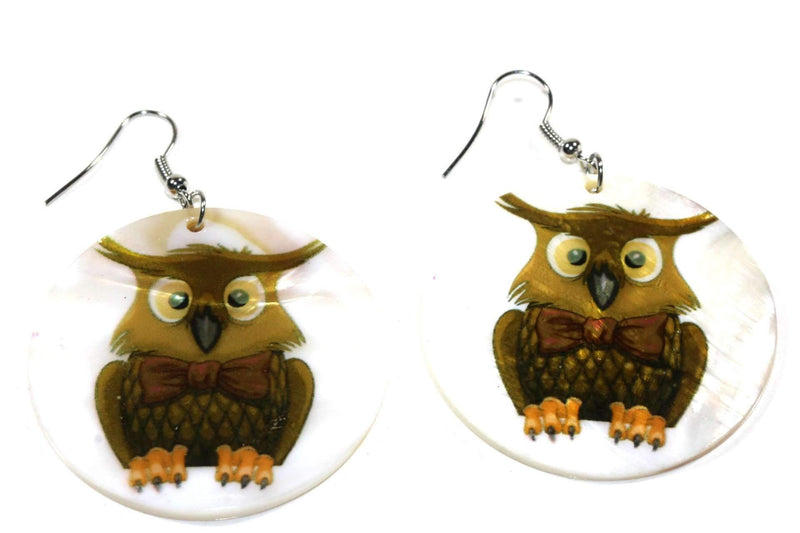 White Mr. Bow Tie Owl Mother of Pearl Earrings