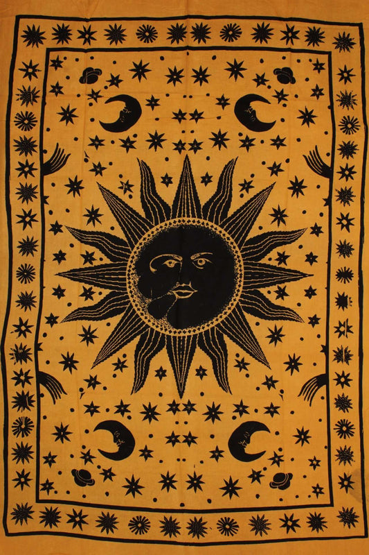 Saffron Sun, Moon, and Stars Handloom Style Tapestry