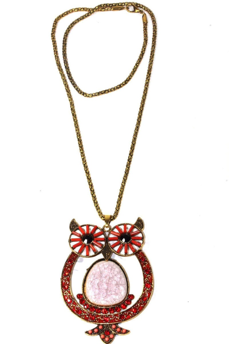 Red Big Owl Shimmer Pendant Necklace