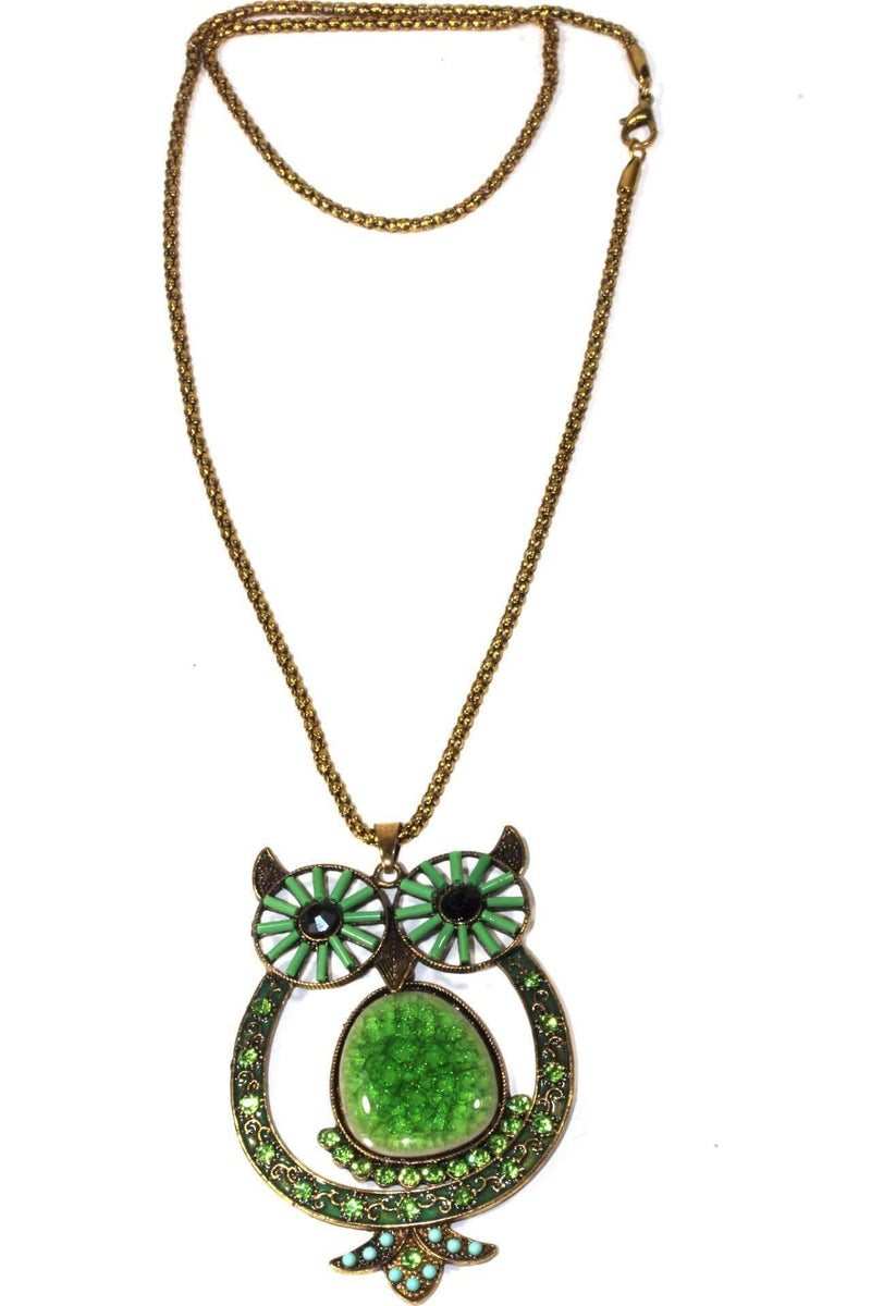 Green Big Owl Shimmer Pendant Necklace
