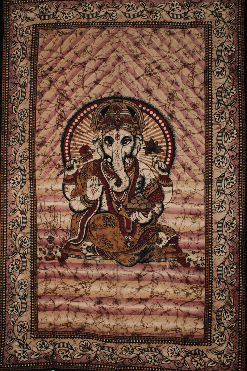 Brown & Maroon Ganesha Holding Lotus Flower Tapestry