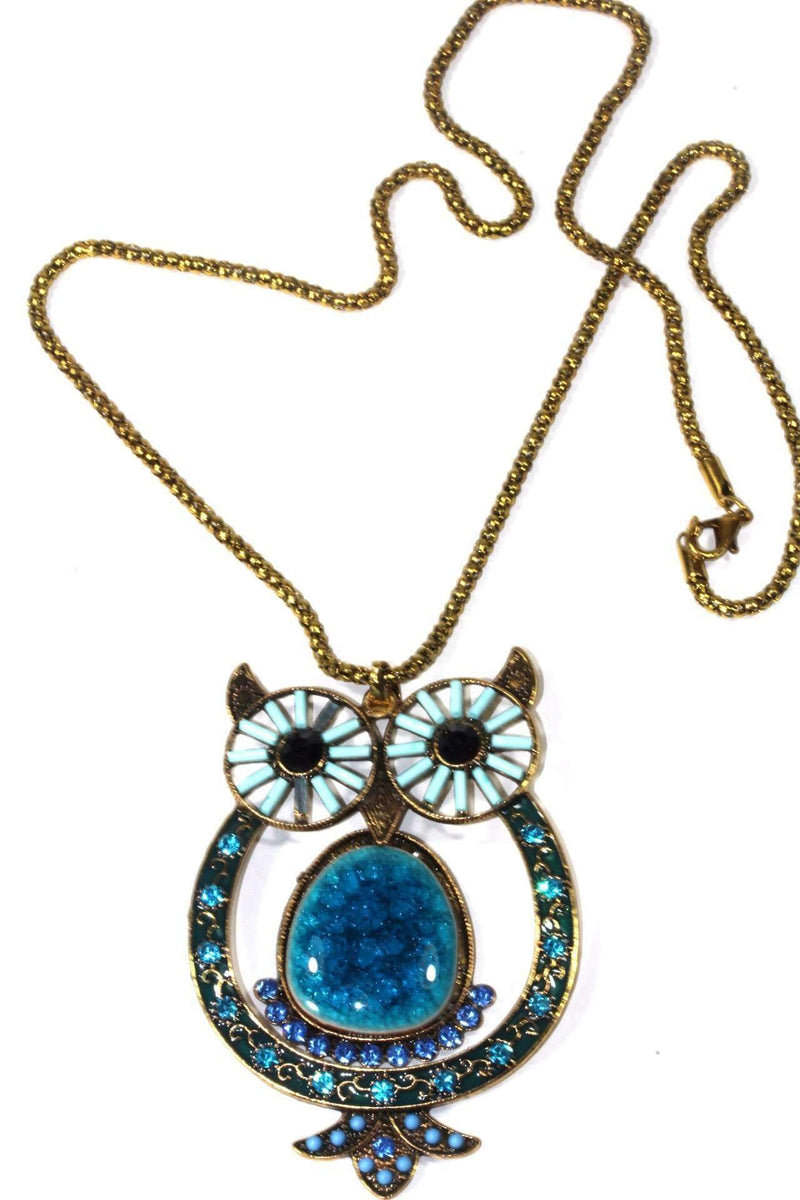 Blue Big Owl Shimmer Pendant Necklace