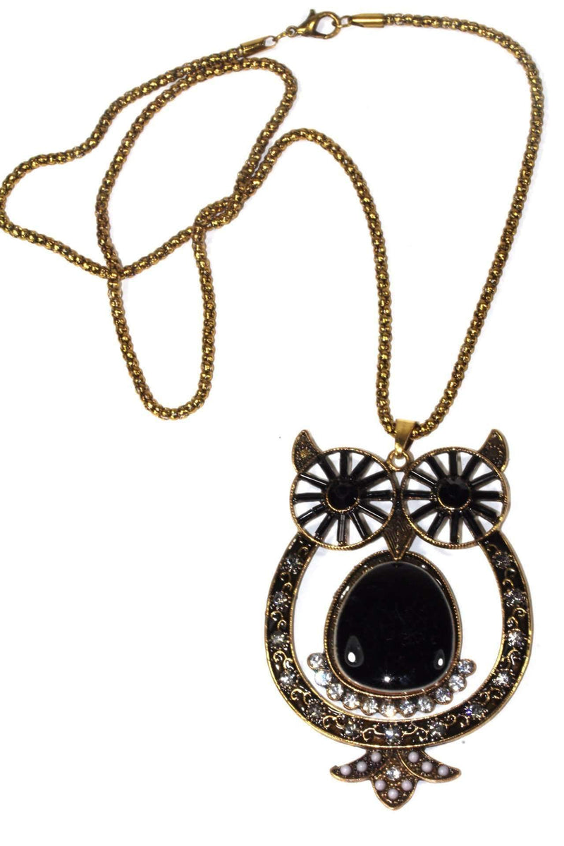 Black Big Owl Shimmer Pendant Necklace