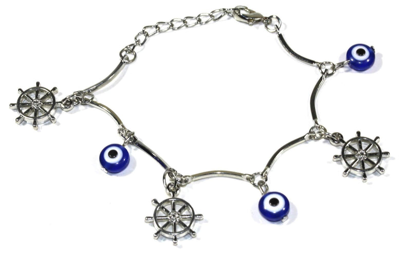 Silver Tone Dharma Chakra With Evil Eye Bracelet