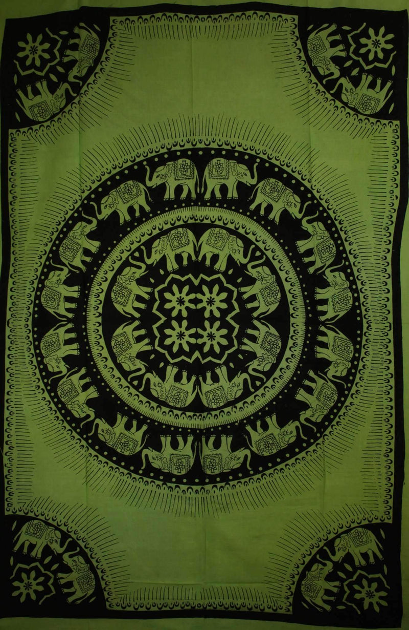 Green Celebration Of Elephants Mandala Tie Dye Tapestry