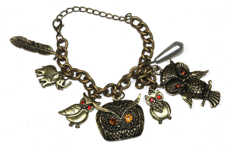 Antique Owl, Elephant & Feather Charm Bracelet