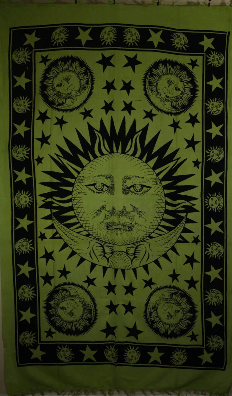 Green Celestial Sun, Moon & Stars Tapestry