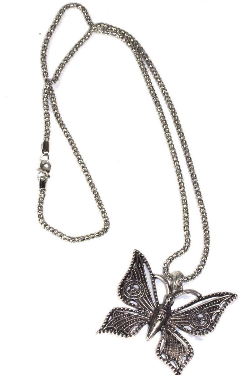 Silver Tone Peace Winged & Skull Head Butterfly Necklace
