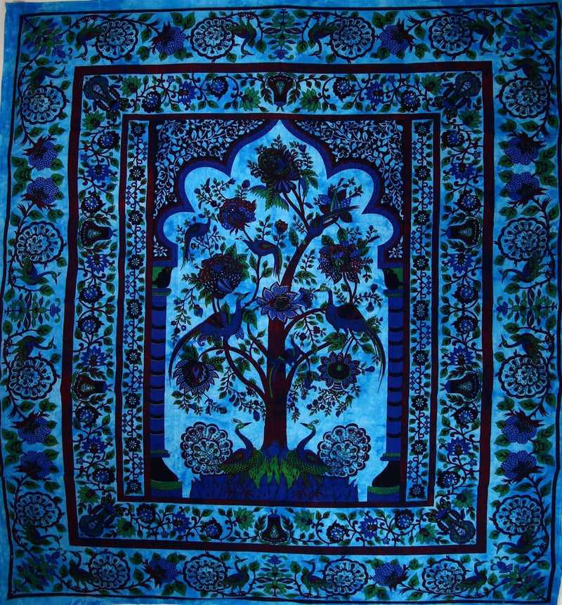 Turquoise Tree of Life Peacock Tapestry
