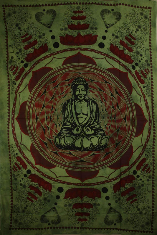 Green Buddha In Dharma Chakra Mudra On A Lotus Flower Tapestry