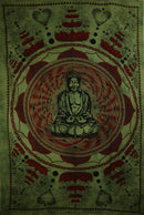 Green Buddha In Dharma Chakra Mudra On A Lotus Flower Tapestry