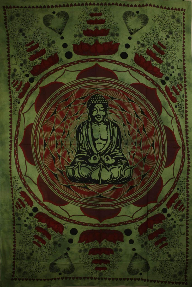 Green Buddha In Dharma Chakra Mudra On A Lotus Flower Tapestry