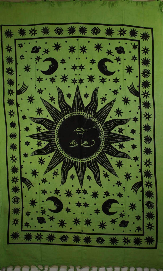 Green Sun, Moon, and Stars Handloom Style Tapestry