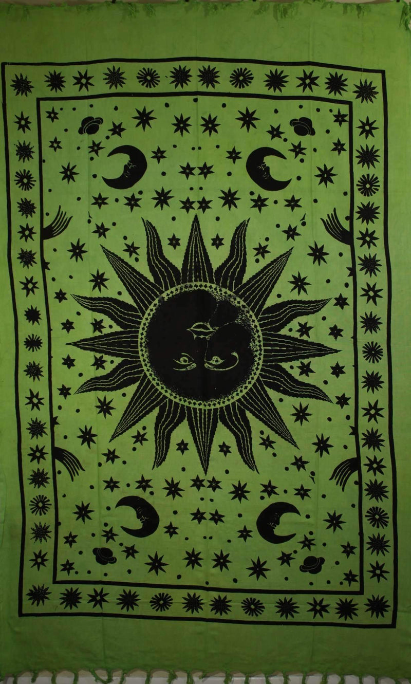 Green Sun, Moon, and Stars Handloom Style Tapestry