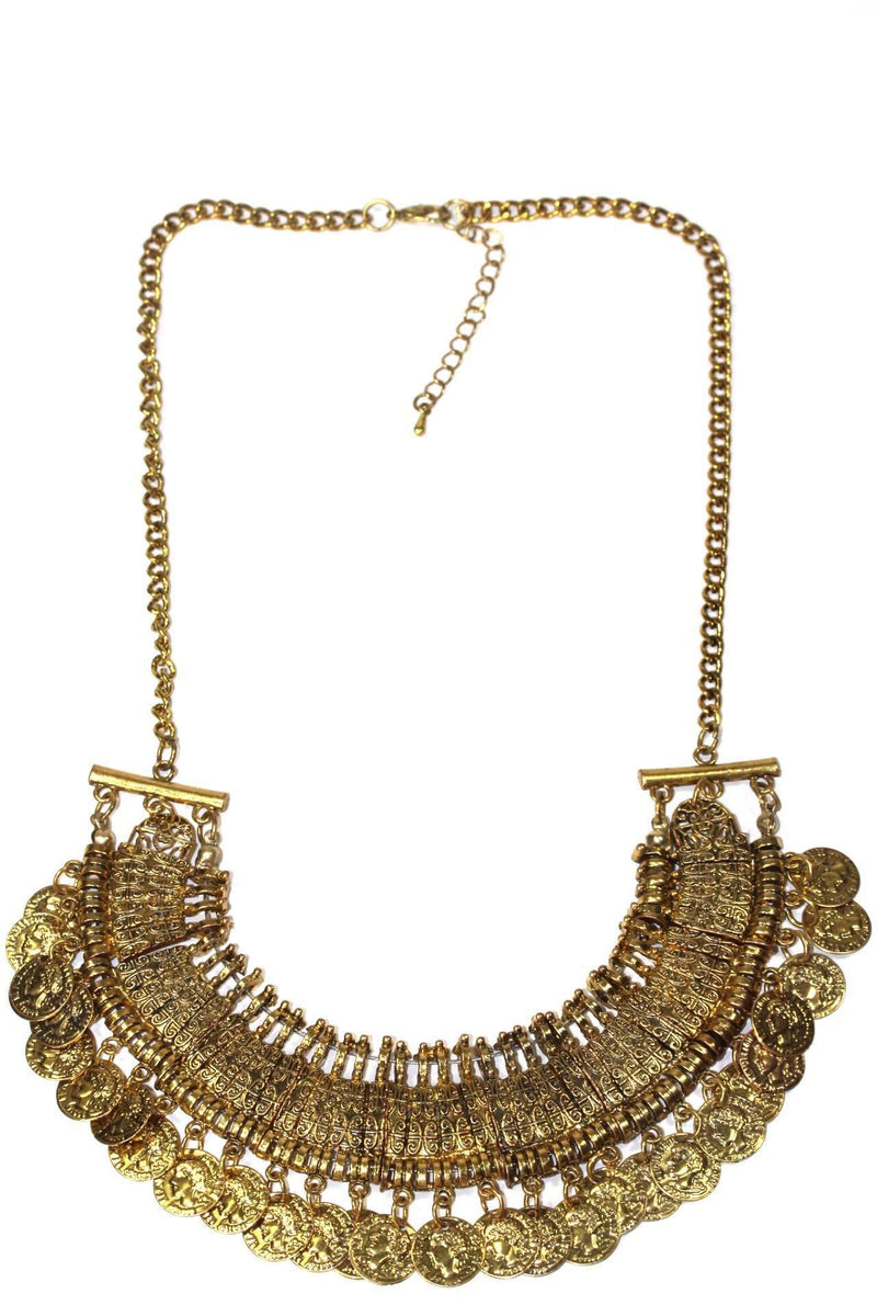 Gold Tone Tribal Style Coin Statement Necklace