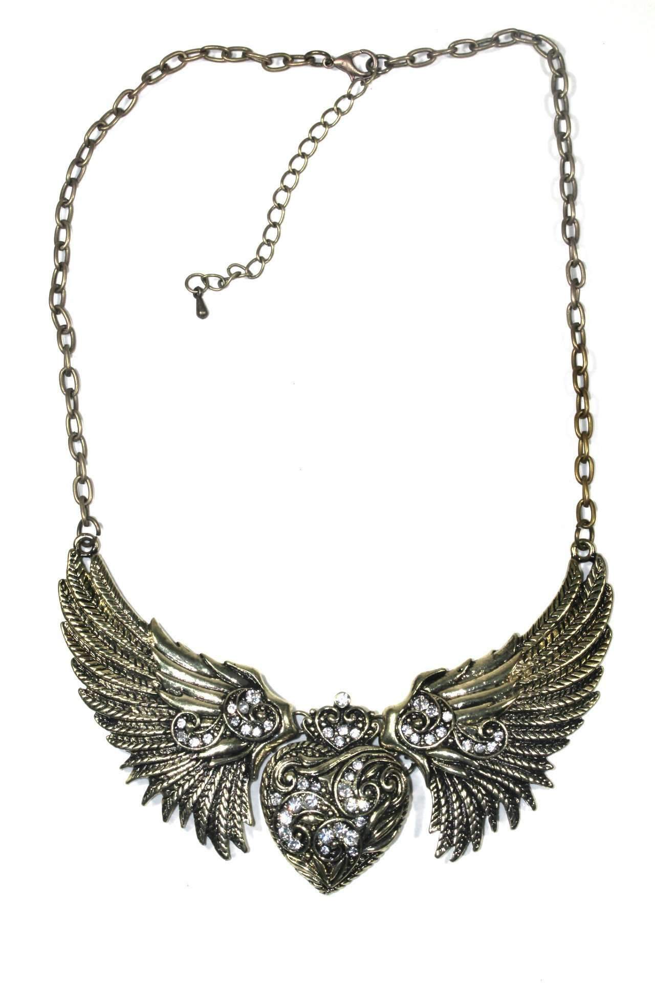 Antique Gold Tone Angel Wings Heart Necklace by Wild Lotus
