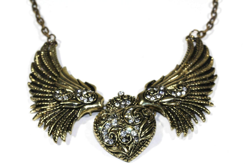 Antique Gold Tone Angel Wings Heart Necklace