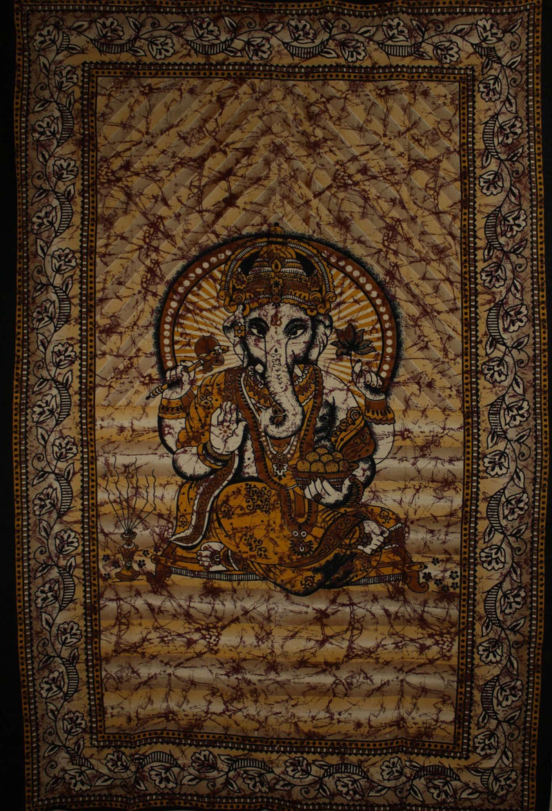 Saffron Ganesha Holding Lotus Flower In Batik Style Tie Dye Tapestry