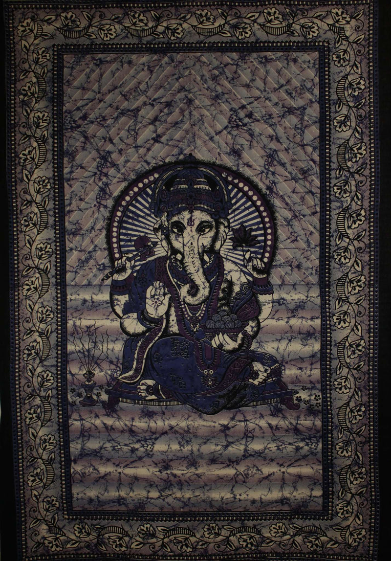 Purple & Blue Ganesha Holding Lotus Flower In Batik Style Tie Dye Tapestry