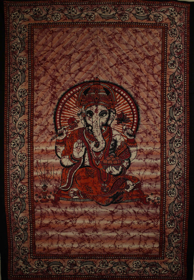 Red Ganesha Holding Lotus Flower In Batik Style Tie Dye Tapestry
