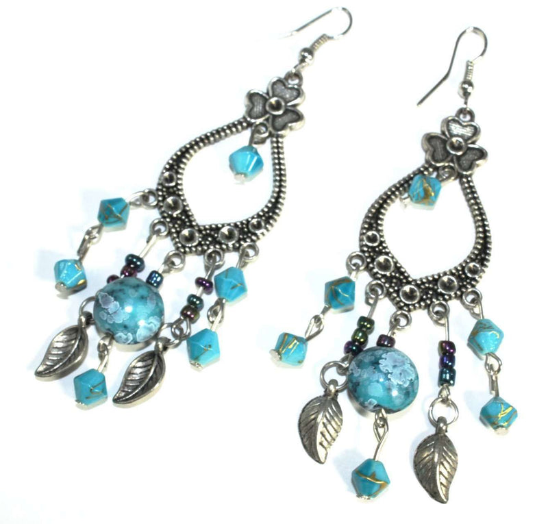 Turquoise Three Petal & Shamrock Marbled Beads Dangler Earrings