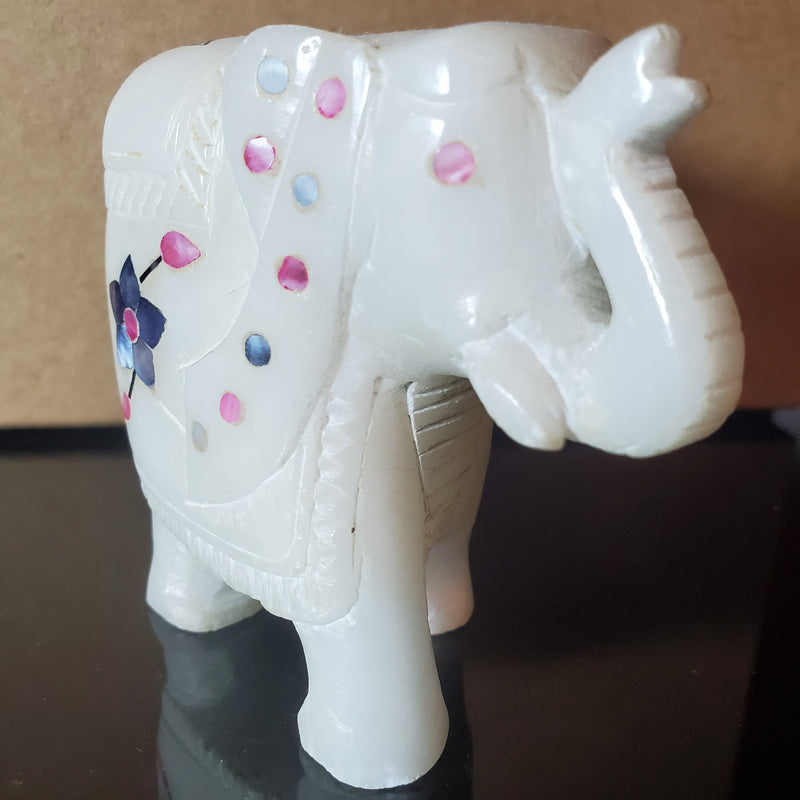 Elephant Hard Carved Vintage Animal Figurine Collectible White Marble Floral Inlay Stone Design Statue for Home Office | @giftshopwpb