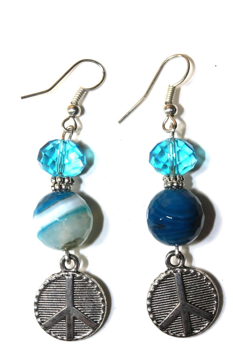 Blue Crystal Peace Sign Stone Earrings