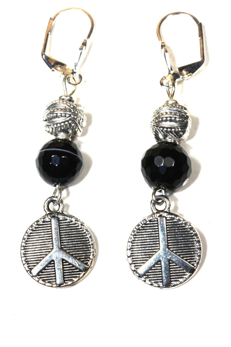 Black Agate Peace Sign Stone Earrings