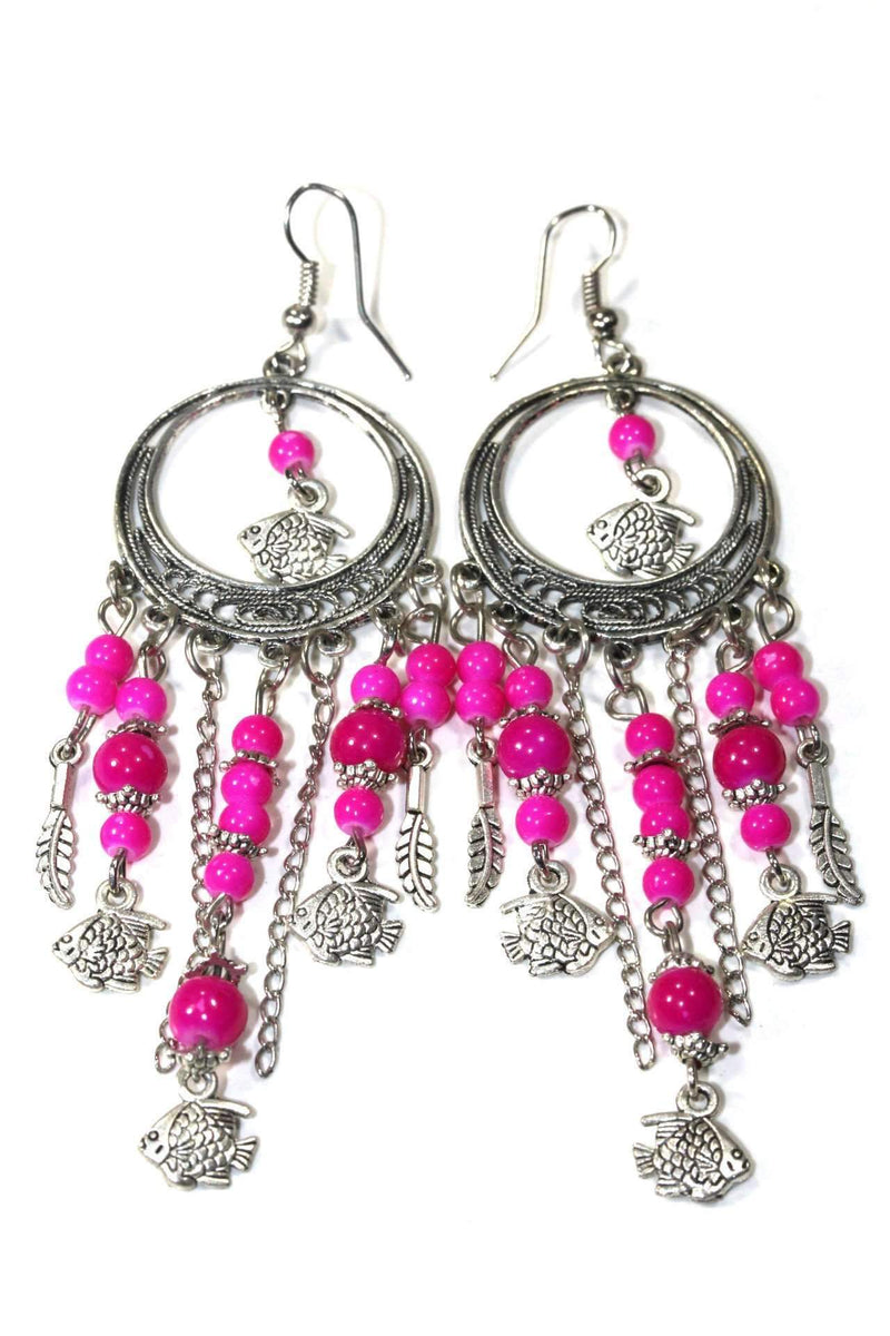 Tropical Pink Fish Charms Chandelier Bead Earrings