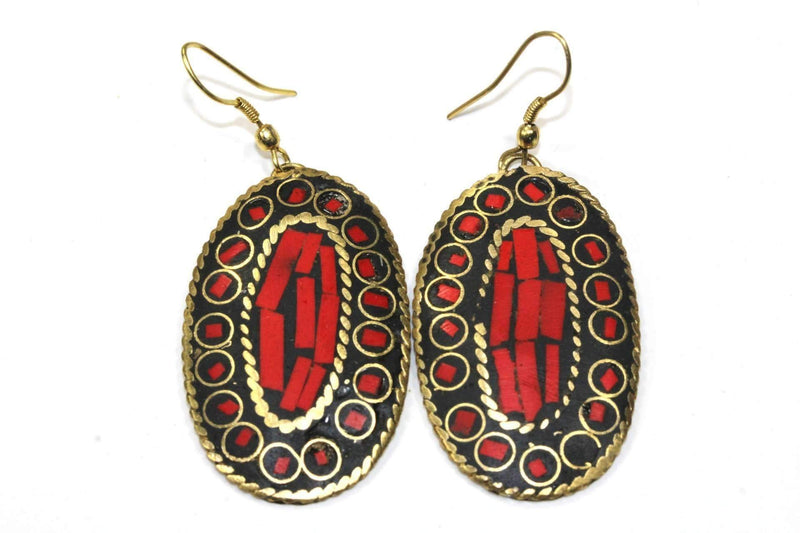 Coral Red Mosaic Oval Earrings