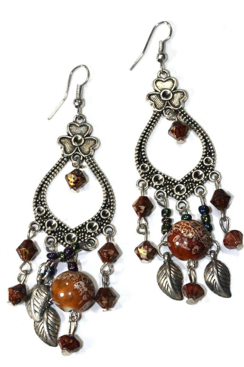 Brown Three Petal & Shamrock Marbled Beads Dangler Earrings