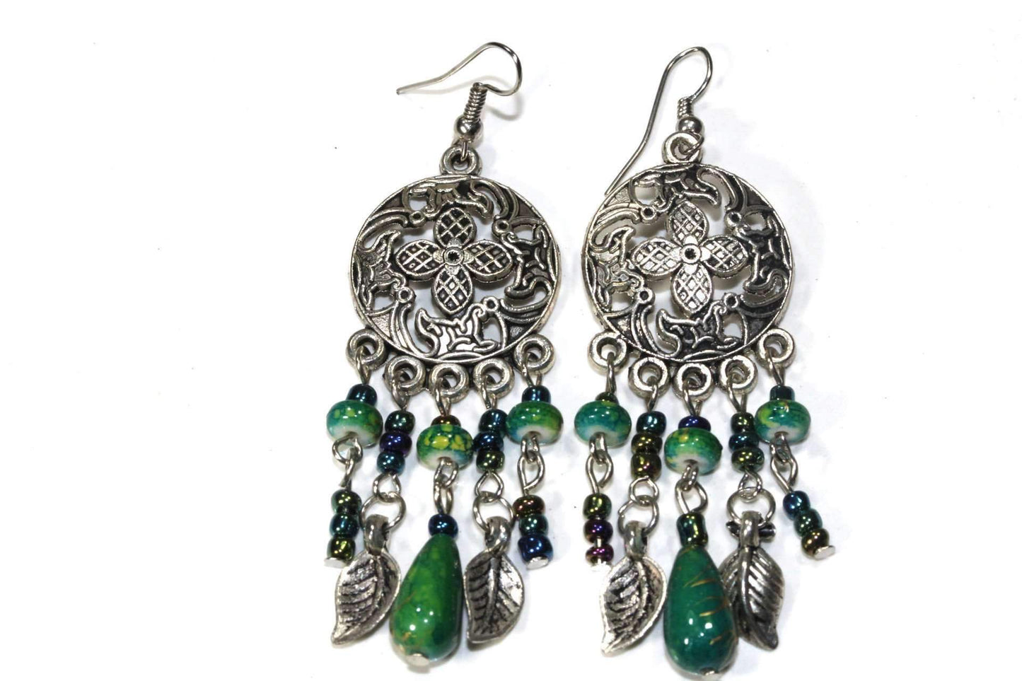 Dark Green Dream Catcher Style Flower Earrings