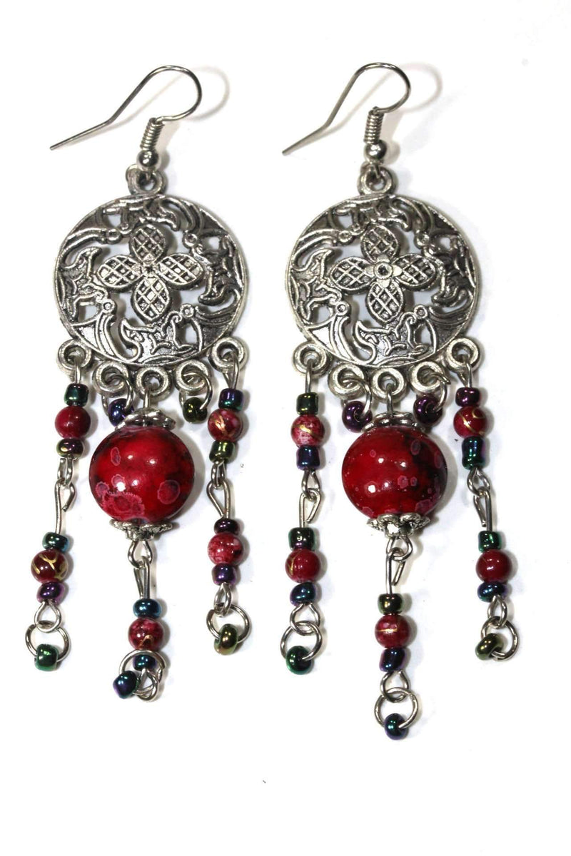 Maroon Flower Medallion & Grand Bead Dangler Earrings