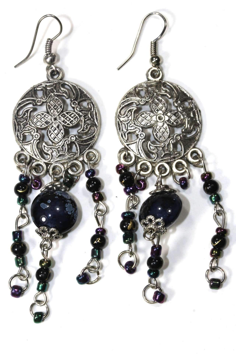 Black Flower Medallion & Grand Bead Dangler Earrings