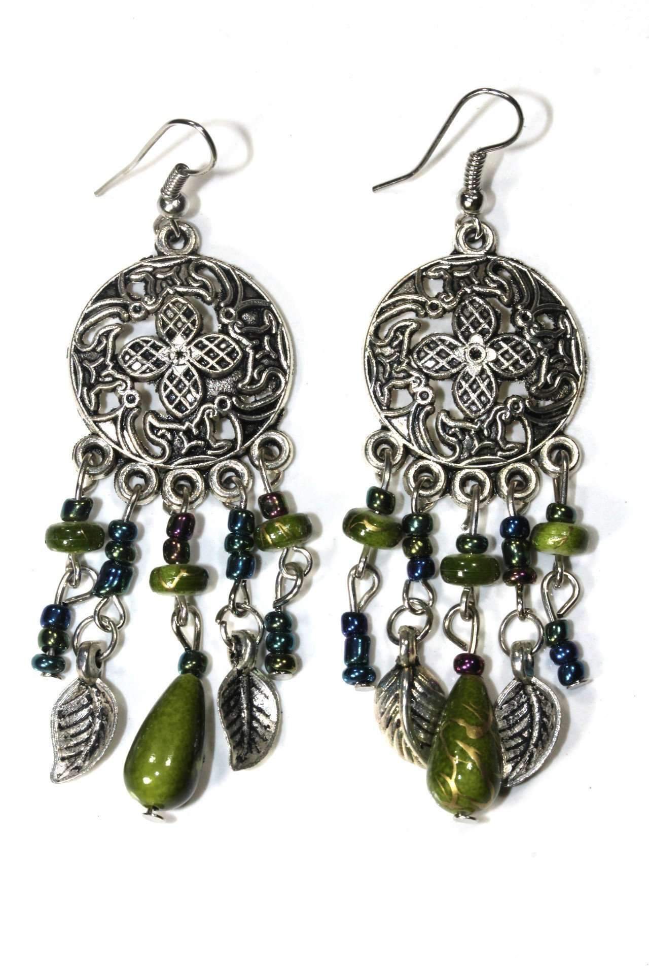 Olive Green Dream Catcher Style Flower Earrings
