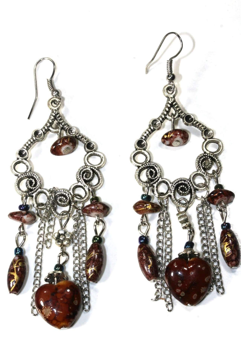 Brown Marbled Beads Scroll Work Dangler Earrings