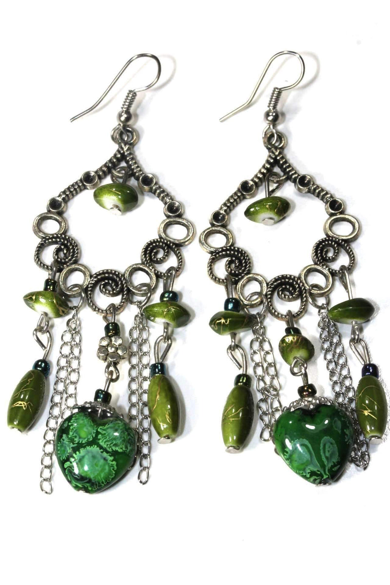 Green Marbled Beads Scroll Work Dangler Earrings