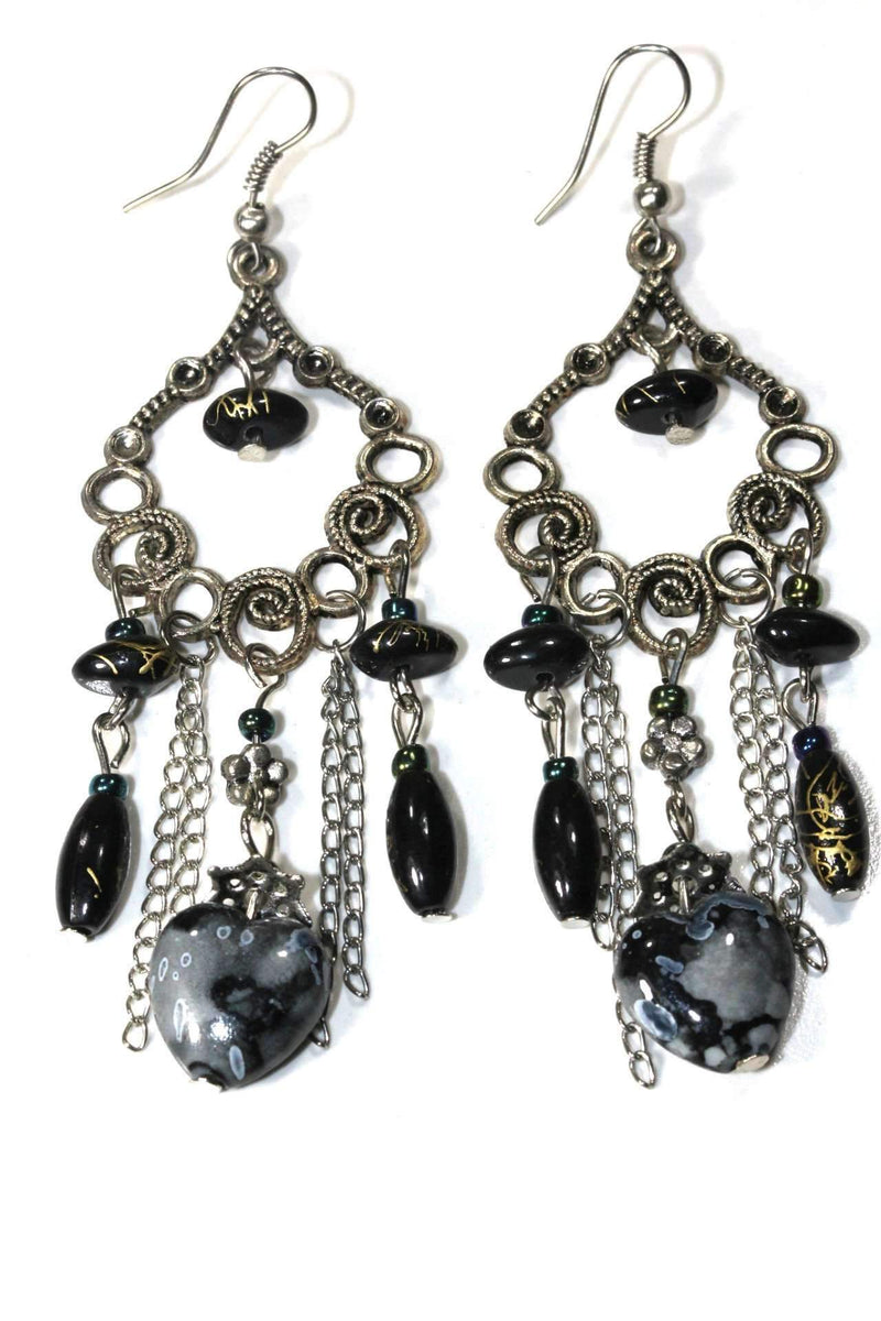 Black Marbled Beads Scroll Work Dangler Earrings