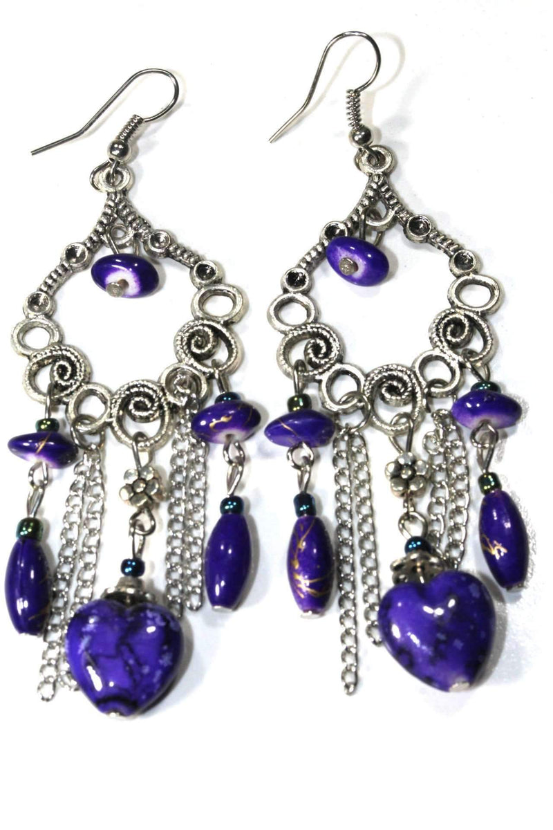 Purple Marbled Beads Scroll Work Dangler Earrings